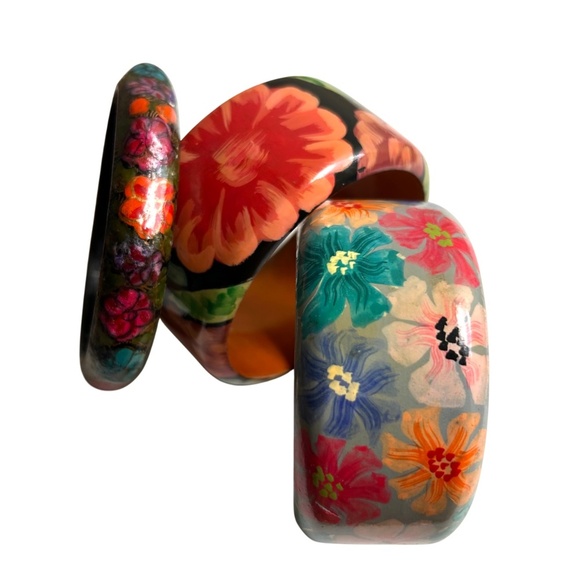 Group of 3Vintage Hand Painted Wood Bangle Bracelets - Picture 1 of 11